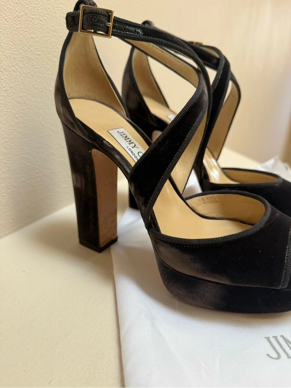 Jimmy Choo Black Velvet Platform Sandals with Crisscross Straps
